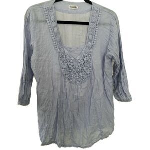 Siganka Maui Hawaii 100% Cotton Periwinkle Embroidered Eyelet Lace Sheer Tunic S